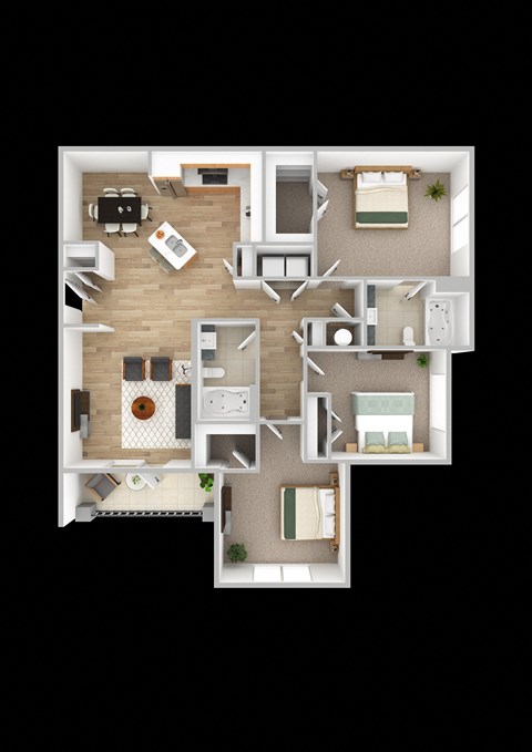 Floor plan for 3 beds, 2 baths, 1311 sqft